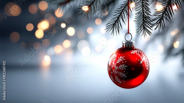 Fototapeta Stunning red Christmas ornament with delicate snowflake pattern hangs from pine branch amidst warm bokeh lights, evoking festive holiday joy and elegant winter celebration.