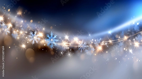 Fototapeta Sparkling snowflakes and golden lights create a magical winter wonderland scene perfect for festive holiday celebrations and seasonal greetings