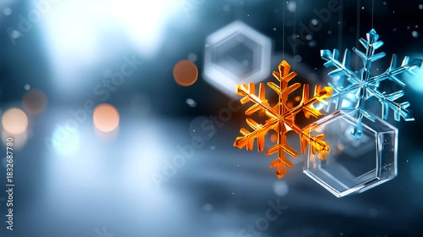 Fototapeta Stunning festive snowflakes in warm amber and cool blue tones sparkle against a dreamy bokeh background, perfect for holiday promotions and winter themes.