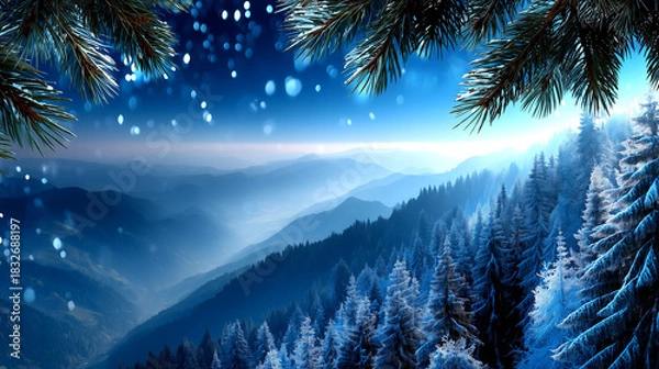 Fototapeta Stunning winter mountain vista with snow-laden pines and sparkling bokeh lights creating a magical, serene atmosphere