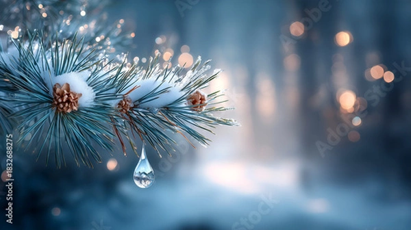 Fototapeta Sparkling winter pine branch adorned with fresh snow and a perfect water droplet reflecting a snowy landscape, creating a magical, serene natural scene