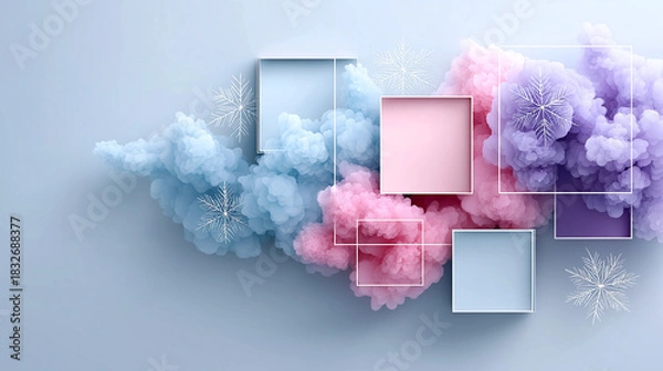 Fototapeta Dreamy pastel clouds swirl with delicate snowflakes and geometric frames creating a serene, abstract winter wonderland perfect for design projects.