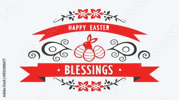 Fototapeta Happy easter blessings with a cute red bunny and decorated eggs surrounded by floral ornaments and decorative swirls on a light gray background