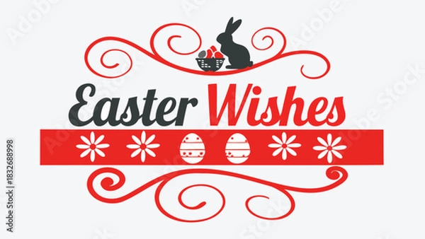 Fototapeta Happy easter wishes with a silhouette of a bunny holding a basket of eggs and decorative swirls and flowers
