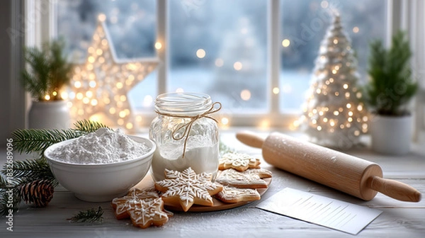 Fototapeta Create magical holiday moments with festive gingerbread cookies, flour, and a rolling pin, ready for Christmas baking fun by a sparkling window.