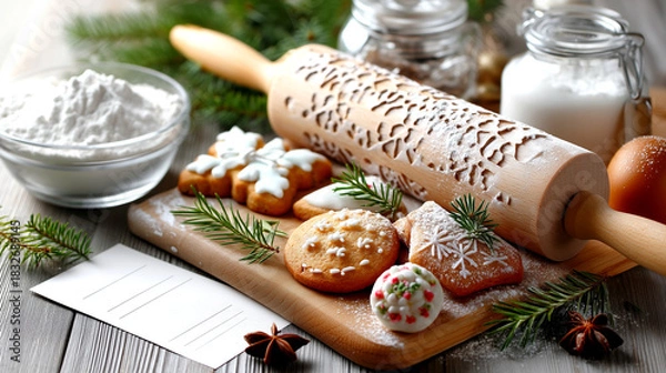 Fototapeta Whimsical Christmas cookie baking scene with decorated treats, rolling pin, flour, and festive pine sprigs creating holiday magic