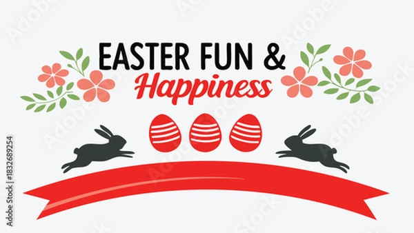 Fototapeta Easter fun and happiness with bunnies decorated eggs flowers and a red ribbon banner on a white background festive spring holiday greeting