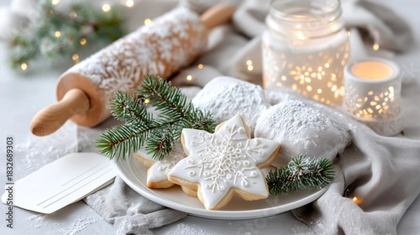 Fototapeta Delightful Christmas star cookies dusted with powdered sugar, ready for festive baking with a vintage rolling pin and warm glowing lights