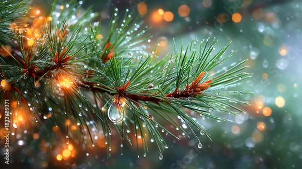 Fototapeta Sparkling dew drops cling to vibrant pine needles with warm, blurred bokeh lights creating a magical, serene winter atmosphere