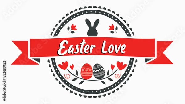 Fototapeta Festive easter emblem with a red ribbon a silhouette of a bunny decorative eggs and floral elements conveying a message of easter love and celebration