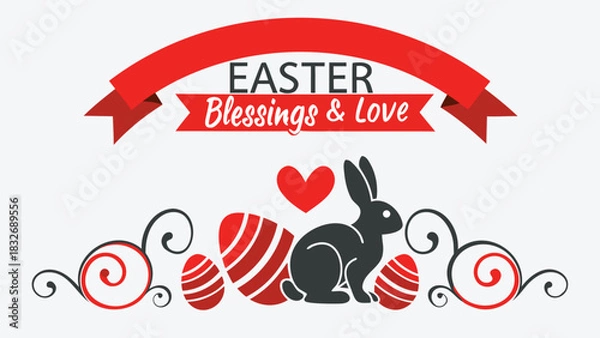 Fototapeta Happy easter holiday greeting card with a cute bunny decorated eggs a heart symbol and a festive ribbon banner with the text easter blessings and love