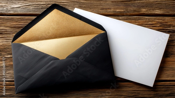 Fototapeta Elegant black envelope with luxurious gold lining and blank white card on rustic wood background, perfect for premium invitations and announcements.