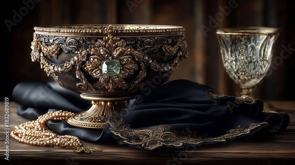 Fototapeta Exquisite ornate antique bowl adorned with sparkling gems and pearls rests beside a vintage goblet and black silk on a rustic wooden table