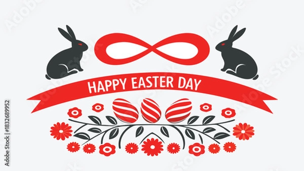 Fototapeta Happy easter day greeting with cute bunnies decorative eggs floral elements and a festive ribbon banner against a clean white background