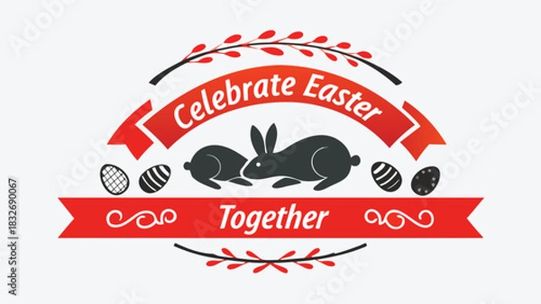 Fototapeta Celebrate easter together with cute bunnies and decorated eggs emblem featuring red ribbon and spring branches