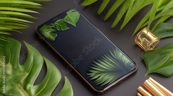 Fototapeta Luxurious smartphone display framed by vibrant tropical leaves and gleaming gold accents, perfect for modern tech and lifestyle branding.