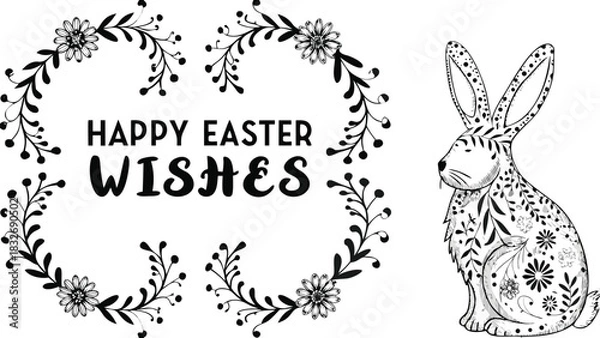Fototapeta Happy easter wishes text surrounded by floral branches and a decorative easter bunny illustration in black and white