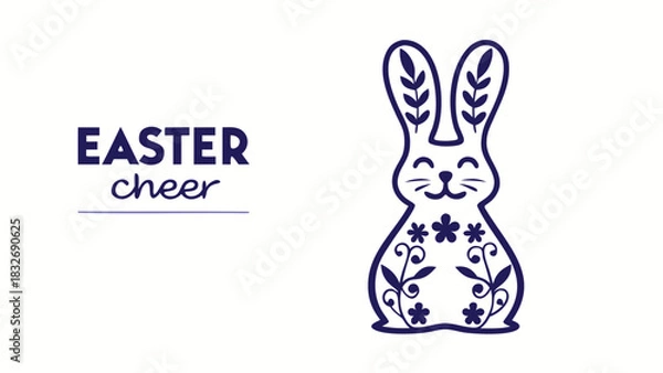 Fototapeta Happy easter bunny with floral design and text easter cheer on white background minimalist illustration for spring holiday celebrations and greetings