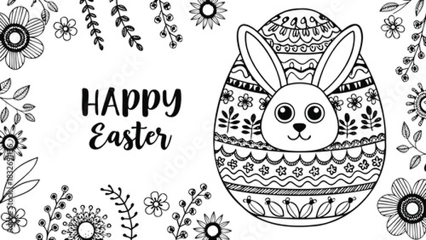 Fototapeta Happy easter greeting card with a cute bunny inside a decorative egg surrounded by floral elements and leaves in a hand drawn doodle style