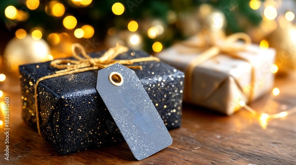 Fototapeta Elegant festive gift boxes with golden ribbons and bokeh lights creating a magical holiday atmosphere, perfect for celebrations and promotions