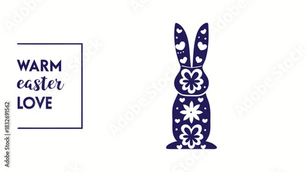 Fototapeta A charming navy blue silhouette of a decorative easter bunny adorned with floral and heart patterns paired with the text warm easter love perfect for spring celebrations and greetings