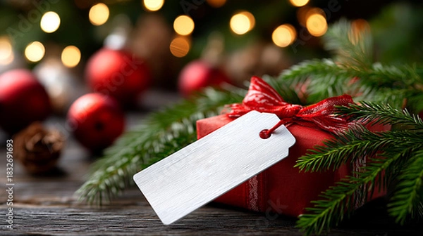 Fototapeta Beautifully wrapped red Christmas gift with blank tag, festive ornaments, and twinkling bokeh lights, ready for personalization and holiday cheer.