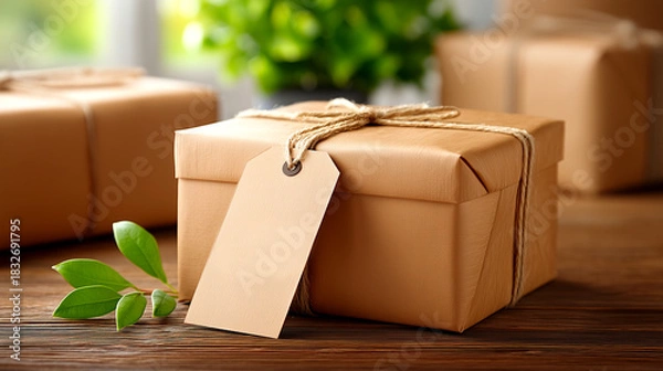 Fototapeta Beautifully wrapped gift box with blank tag ready for personalized message, evoking warmth and anticipation for any special occasion