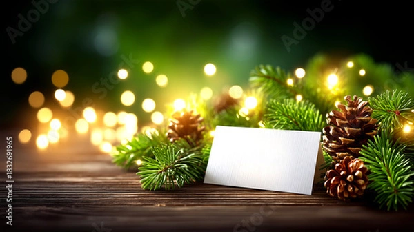 Fototapeta Warm holiday greetings with festive pine sprigs, natural pinecones, and twinkling bokeh lights on rustic wood, perfect for Christmas cards and winter promotions.