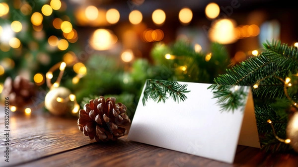 Fototapeta Warm holiday greetings await with this cozy Christmas card setup featuring festive pinecones, glowing lights, and elegant greenery for your personal messages.