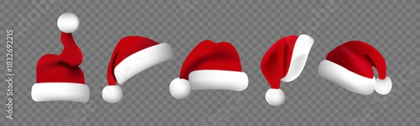 Obraz Red Santa hats with fluffy pom-poms realistic vector illustration set.