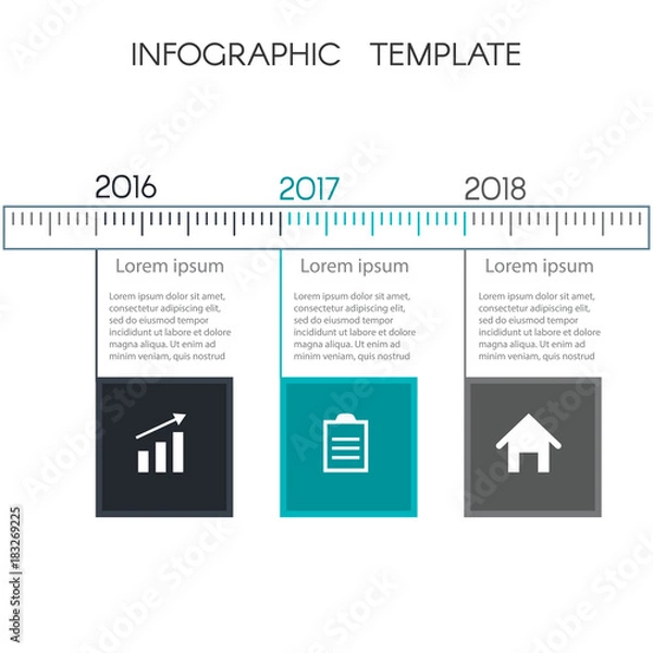 Fototapeta Colorful timeline infographic from squares. Template for graphics, presentation, business, web design, reports. Chart with 3 steps. With space for text and icons. Slide Template