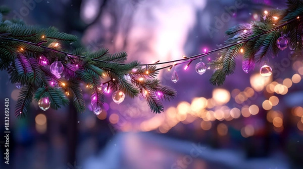 Fototapeta Enchanting winter wonderland scene with glowing fairy lights and delicate ornaments adorning a festive evergreen branch