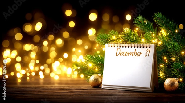 Fototapeta Ring in the New Year with festive holiday lights, a Christmas tree branch, and a calendar marking December 31st for your celebratory projects.