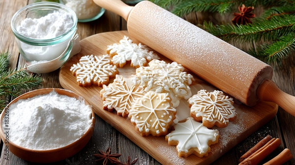 Fototapeta Delightful snowflake cookies dusted with powdered sugar beside a rolling pin, ready for festive holiday baking and winter celebrations