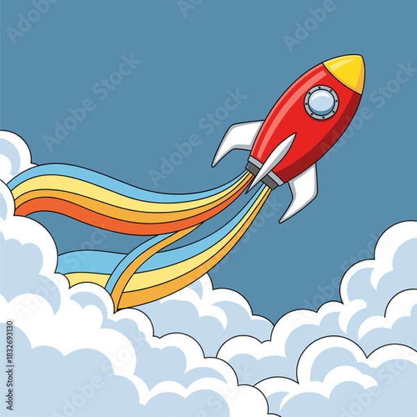 Fototapeta Cartoon red rocket launching through clouds with colorful rainbow smoke trail, symbolizing startup success and innovation.