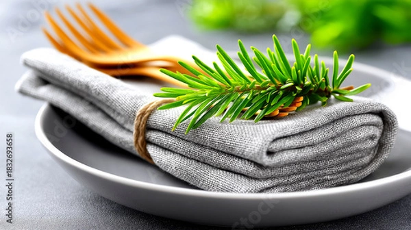 Fototapeta Elegant rustic place setting with folded linen napkin, wooden fork, and fresh pine sprig, perfect for natural dining experiences