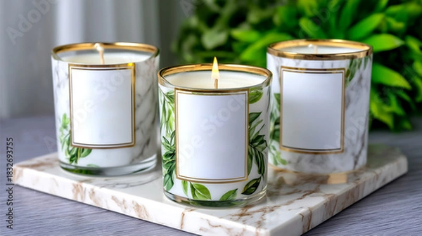 Fototapeta Elegant scented candles with botanical motifs and blank labels, perfect for branding and home decor inspiration.