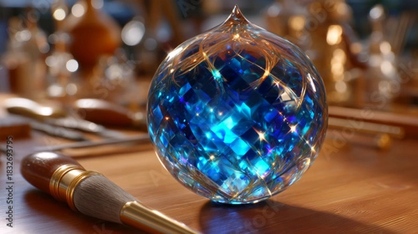 Fototapeta Captivating faceted blue crystal sphere with intricate gold wire details rests on a wooden surface next to an artist's brush, symbolizing creativity and precious artistry.