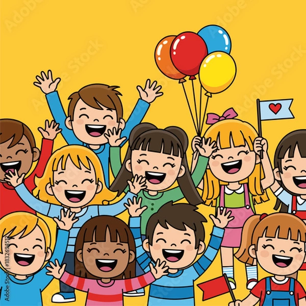 Fototapeta Joyful Group of Diverse Children Waving and Smiling, Celebrating Together with Balloons and Flags. Cartoon illustration.