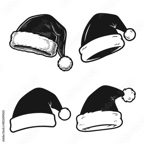 Obraz Set of four Santa hats in different shapes with fluffy brims and pom-poms. Santa hat, Christmas cap, holiday hat, festive hat, winter hat
