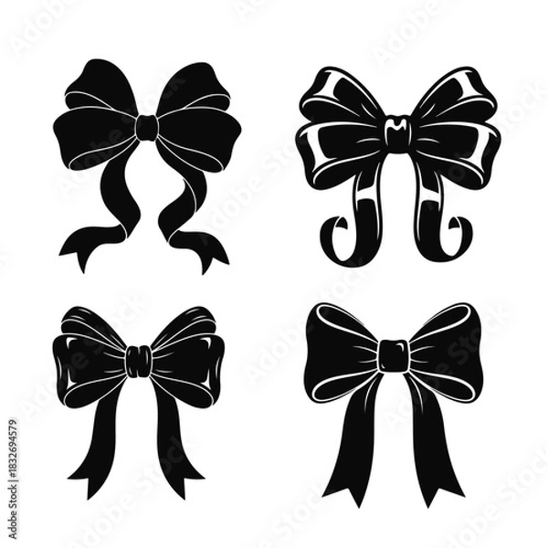 Obraz Set of decorative ribbon bows with flowing tails in vintage style. Bow set, ribbon bows, decorative bows, vintage bows, silhouette bows