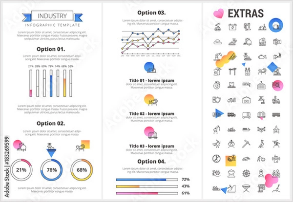 Fototapeta Industry infographic template, elements and icons. Infograph includes customizable graphs, four options, line icon set with mining equipment, fossil fuels, conveyor belt, nuclear power plant etc.