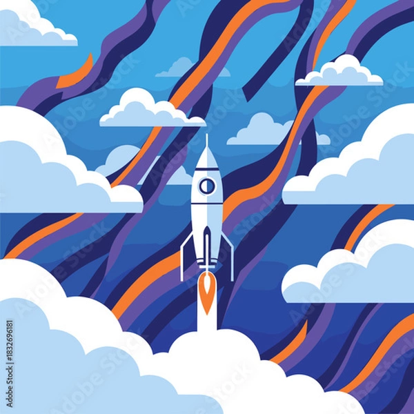 Fototapeta Rocket Launching Through Clouds into a Vibrant Wavy Sky - Flat Design Illustration