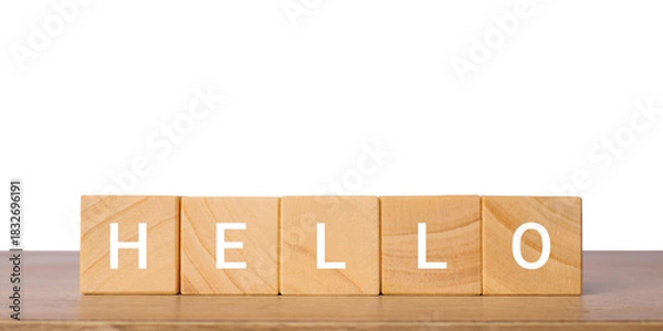 Fototapeta Wooden blocks with word hello for greeting and communication concept, isolated on transparent background