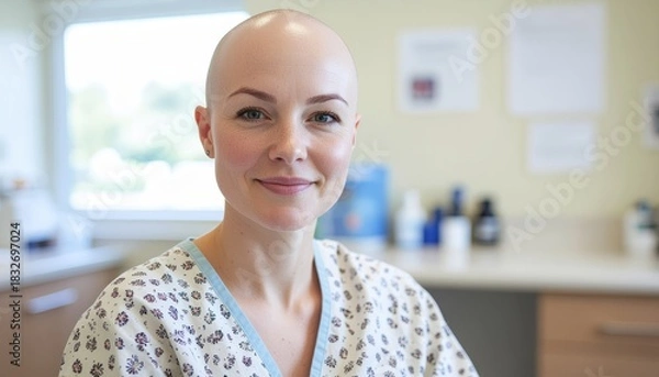 Obraz Portrait of a Beautiful Bald Woman Smiling in a Clinical Setting. Ai Generated Images