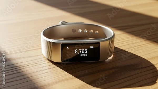 Obraz Minimal Beige Smart Band with Step Counter on Wooden Surface
