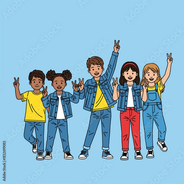 Fototapeta Smiling Multi-Ethnic Children in Jeans Clothes Showing Peace Gesture, Friendship & Unity Concept