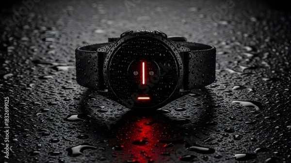 Obraz Dramatic Black Tactical Watch with Red Glow in Rain