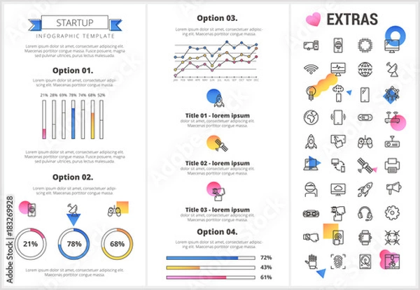 Fototapeta Startup infographic template, elements and icons. Infograph includes customizable graphs, four options, line icon set with startup rocket, business launch, network technology, internet connection etc.