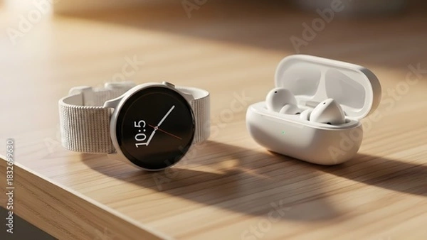 Obraz Minimal White Smartwatch and Wireless Earbuds Set on Beige